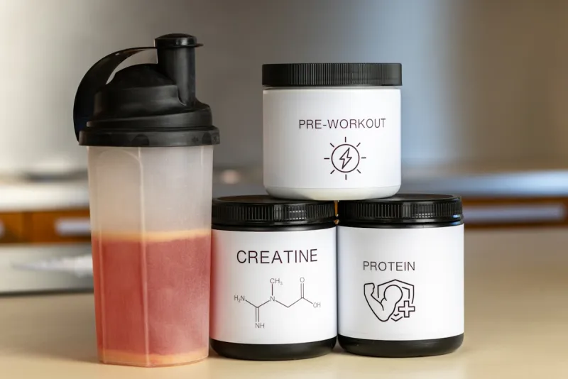 Plant-based protein powder containers and blender