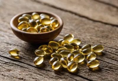 Omega-3 fish oil capsules alongside fresh fatty fish on a wooden surface