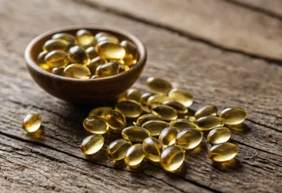Scandinavian coastal landscape with herring catch and omega-3 capsules